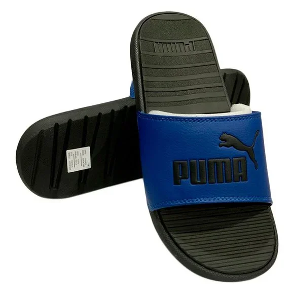 NWT PUMA AUTHENTIC COOL CAT MEN'S BLACK BLUE SLIP ON SLIDES SANDALS SIZE 7 - Picture 1 of 4